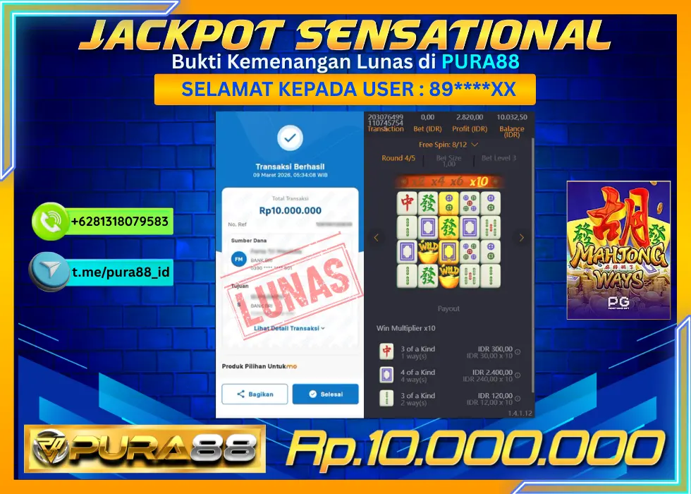 PURA88 JACKPOT MAHJONG WAYS Rp 10.000.000,- LUNAS